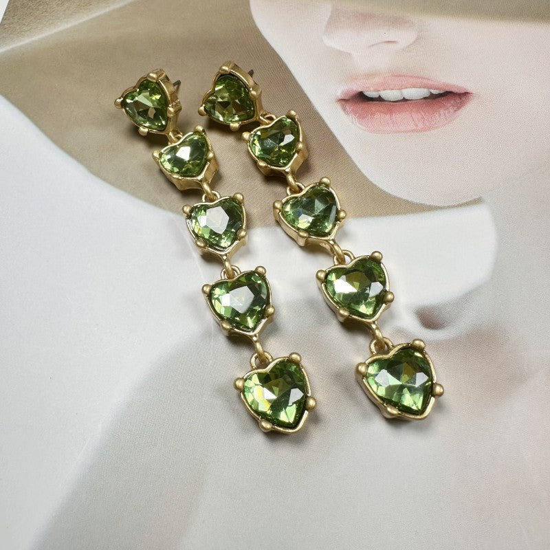 Green heart-shaped crystal drop earrings, gold-tone links