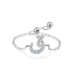 Sterling silver Arabic letter charm ring, pavé crystal round-topped U-shape on adjustable chain