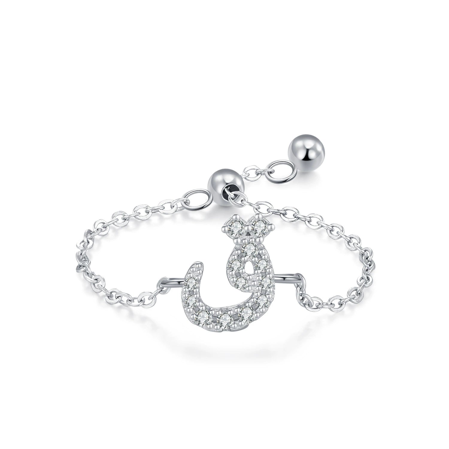 Sterling silver Arabic letter charm ring, pavé crystal round-topped U-shape on adjustable chain