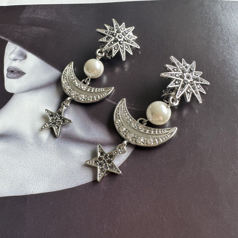 White gold star-moon drop earrings with pearl and crystal crescent moon and star charms