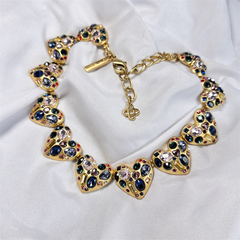 Colorful crystal heart necklace with gold chain and heart charms
