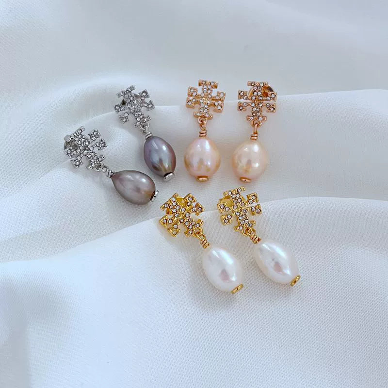 Tory Burch Diamond Logo Natural Pearl Drop Earrings
