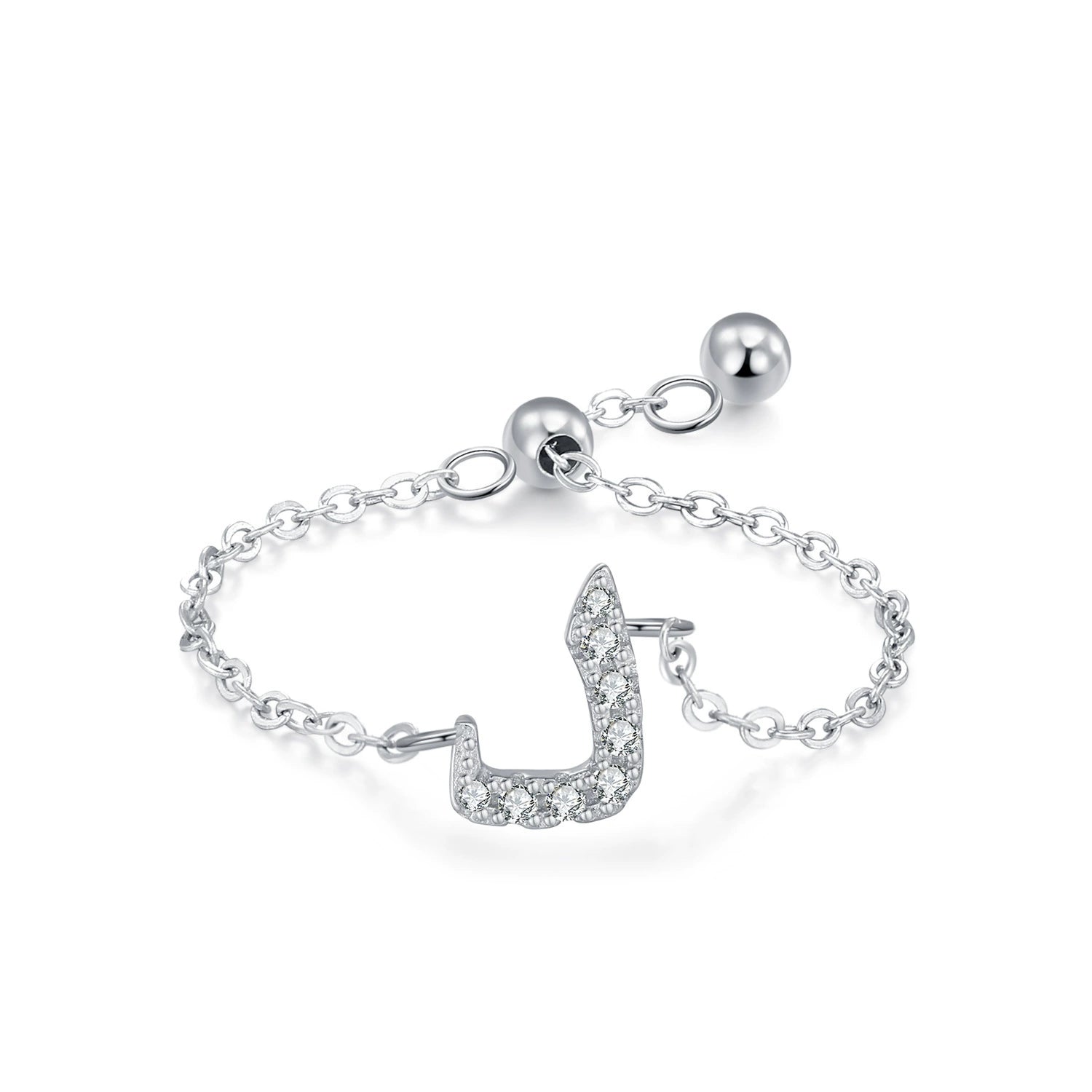 Sterling silver adjustable chain bracelet with Arabic letter charm in clear stones, U-shape