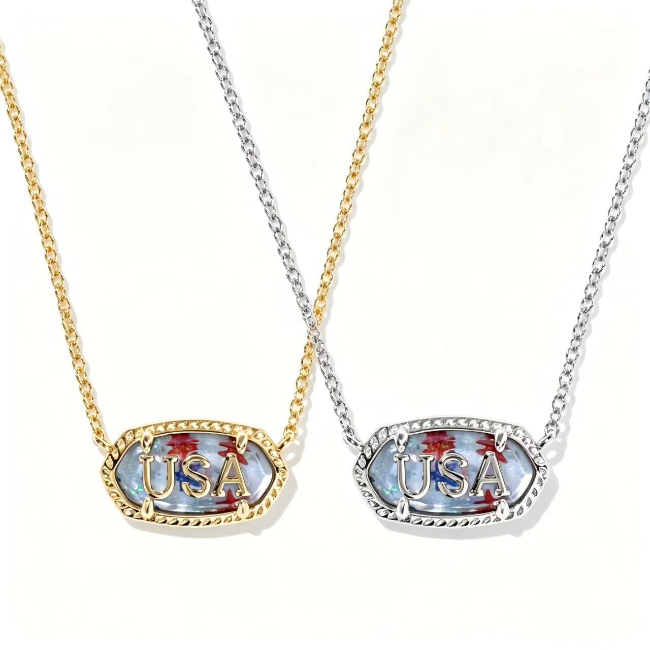 Layered oval USA letter pendant necklaces in gold and silver-tone