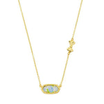 Bow rose print pendant necklace with blue oval gemstone and floral bow charm