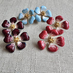 Cherry blossom enamel stud earrings, dark purple gradient petals with gold center
