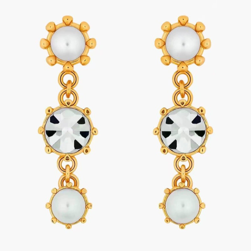 Round crystal drop earrings with white-toned top and center stones and clear bottom circles