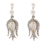 Vintage silver tulip drop earrings with clear pear crystal centers, pearl beads, and pavé edges