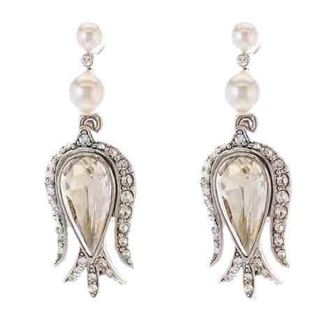 Vintage silver tulip drop earrings with clear pear crystal centers, pearl beads, and pavé edges