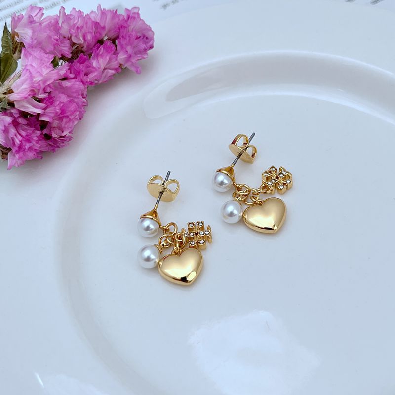 Heart and pearl dangle earrings with rhinestone cluster accents, gold-tone finish