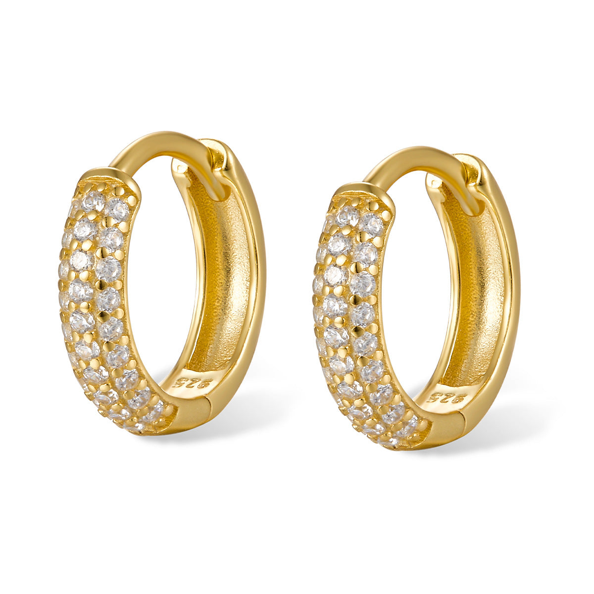 Gold-tone wide hoop earrings with three diamond rows and S925 stamp, hinged clasp