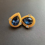 Dark blue crystal heart stud clip-on earrings with gold setting and clear corner stones