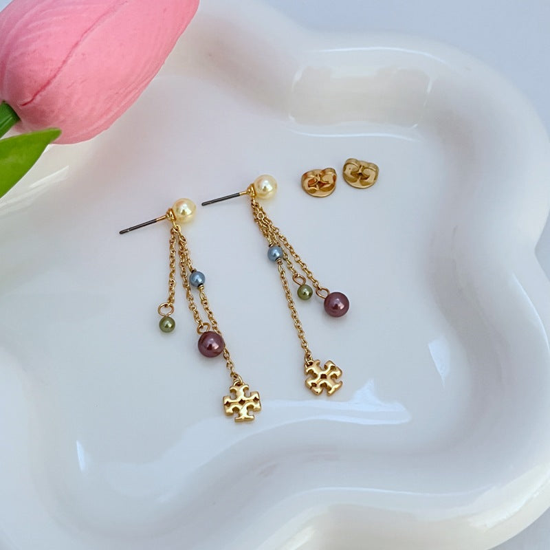 Gold pearl chain tassel earrings with multicolor bead drops, small logo studs