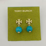 Light blue round agate pendant earrings with gold-tone geometric drop details