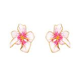 Pair of multicolor flower-shaped enamel earrings with magenta center and white petals