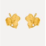 Ivy leaf pearl stud earrings in gold-tone metal with white pearl accents