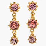 Round crystal drop earrings with pink stones in three stacked dangling circles