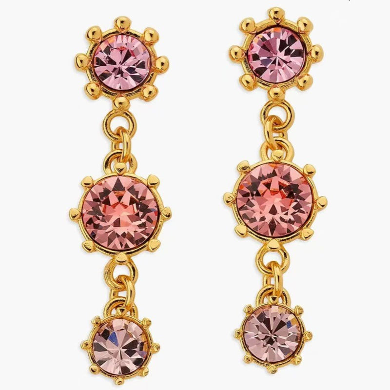 Round crystal drop earrings with pink stones in three stacked dangling circles
