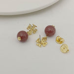 Agate pendant earrings, gold-tone with red round bead drops and stud backs
