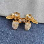 Pearl & strawberry floral clip-on earrings, gold-tone flower charms and rhinestone strawberries