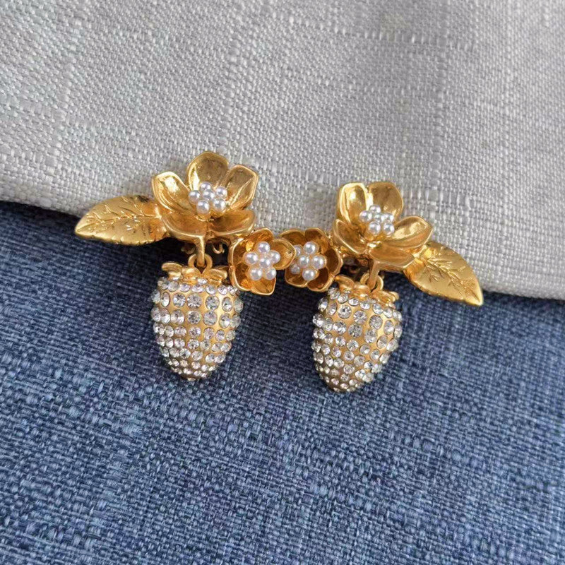 Pearl & strawberry floral clip-on earrings, gold-tone flower charms and rhinestone strawberries