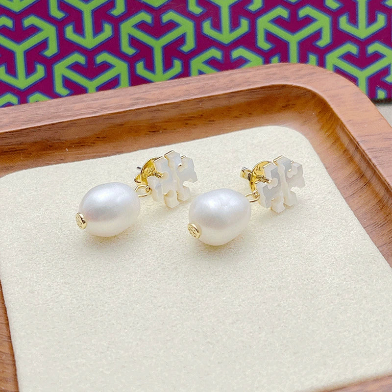 Tory Burch Natural Shell Logo Freshwater Pearl Earrings