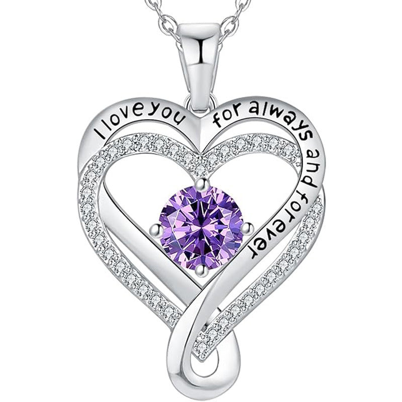 Ewiges Herz Anhänger-Halskette aus S925 Silber mit violettem Stein und Ziersteinrand