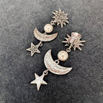 White gold star-moon drop earrings with pearl beads, crescent moon and star charms