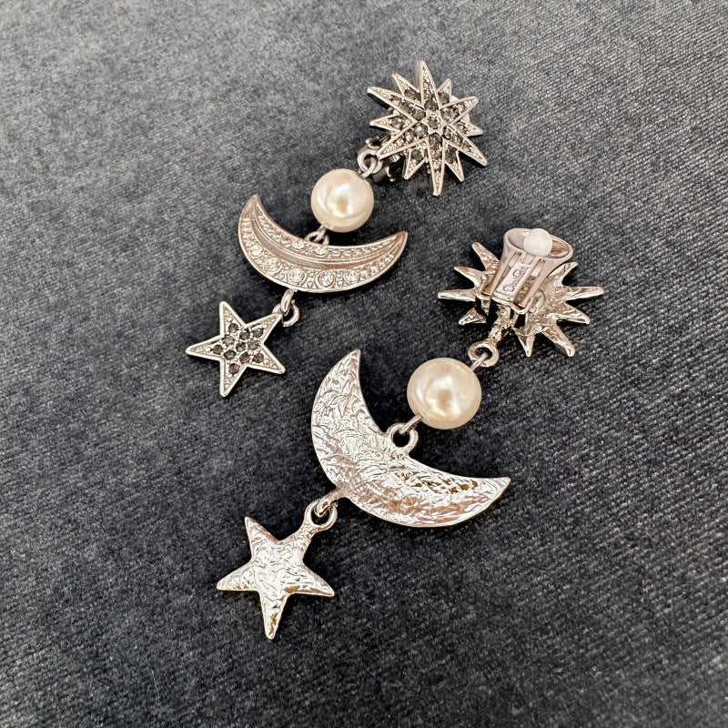 White gold star-moon drop earrings with pearl beads, crescent moon and star charms