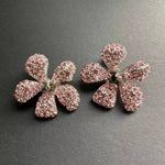 Large flower earrings with pink and clear crystal rhinestone petals, silver-tone