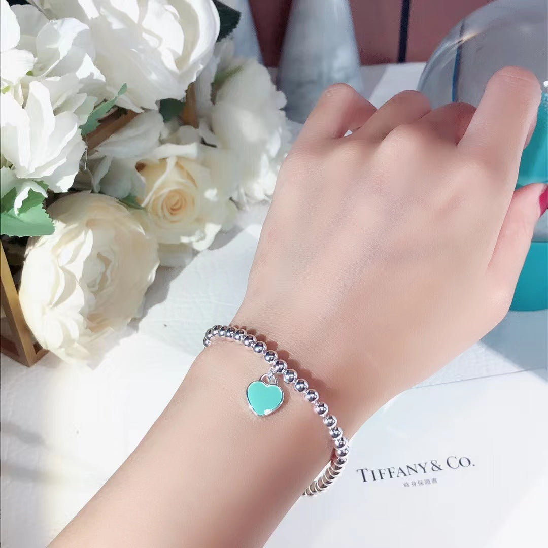 Tiffany Classic Enamel 4mm Bead Heart Pendant Bracelet