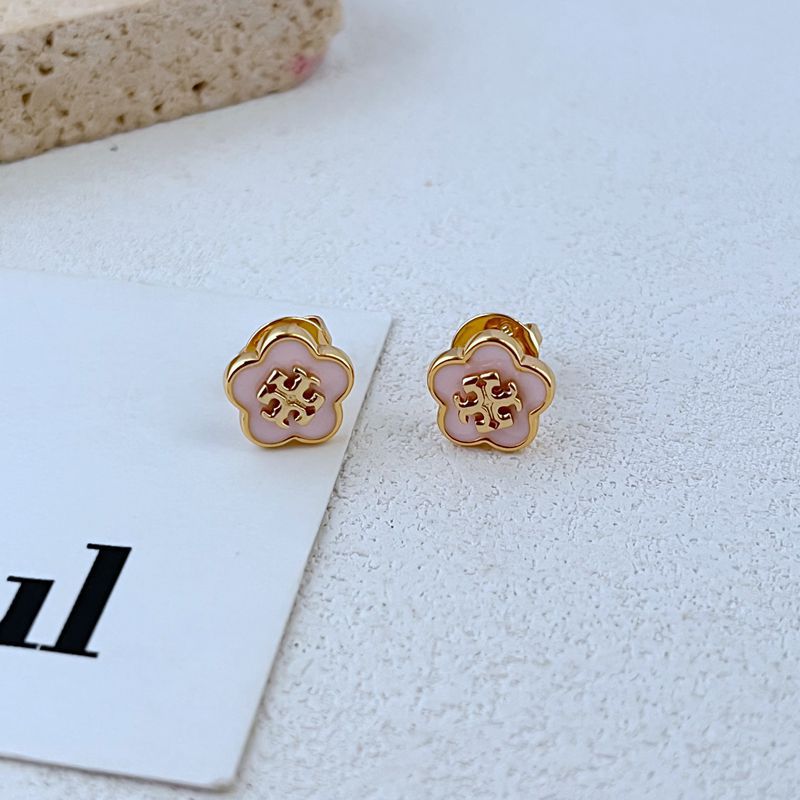 Candy-colored enamel flower stud earrings, gold-tone with pale pink petals and red motif
