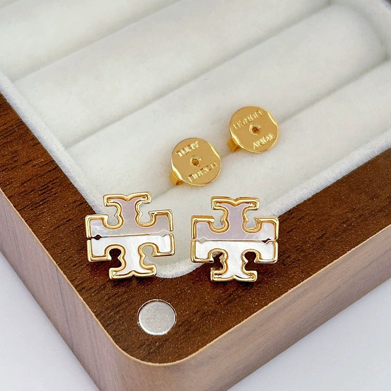 Tory Burch Natural Mother-of-Pearl Logo Metal Stud Earrings & Necklace