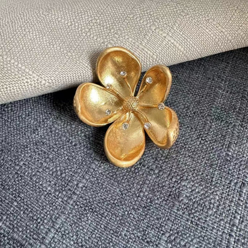 Cherry blossom enamel metal brooch, gold petals with small crystal accents