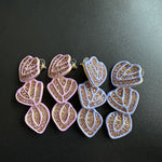 Hand-painted enamel leaf pendant earrings, purple heart leaves with gold beaded detail