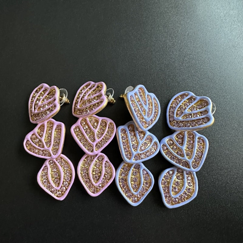 Enamel leaf pendant earrings with heart shapes, pink centers, purple outer edges, stud backs