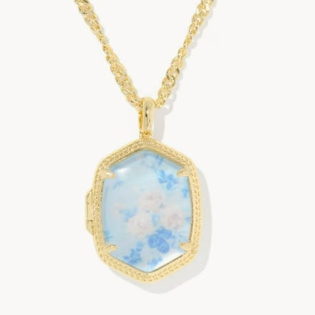 Gold-tone pendant necklace with blue floral inlay octagon box pendant