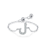 Sterling silver Arabic letter charm ring, pavé crystal J-shape on adjustable chain