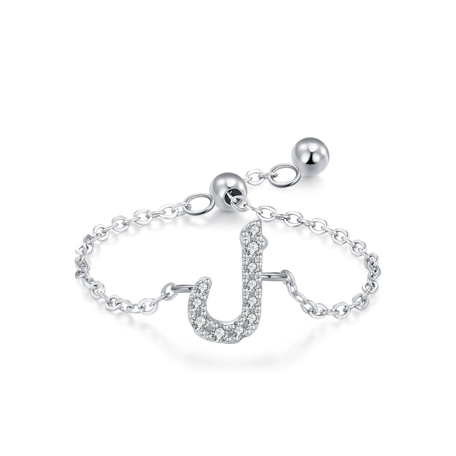Sterling silver Arabic letter charm ring, pavé crystal J-shape on adjustable chain