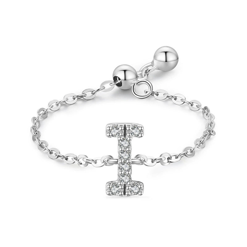 Adjustable sterling silver bracelet with pavé initial T-style charm and chain links