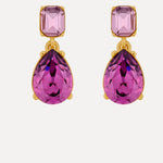 Teardrop-cut crystal stud earrings with purple square tops and teardrop drops, gold tone