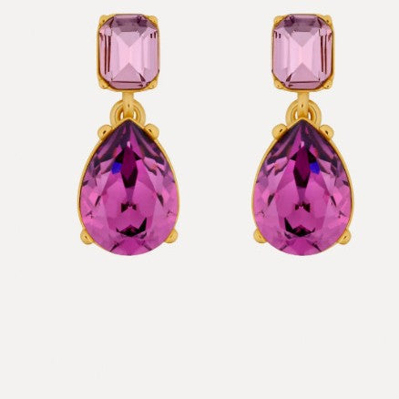 Teardrop-cut crystal stud earrings with purple square tops and teardrop drops, gold tone