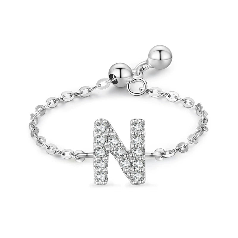 Adjustable sterling silver bracelet with pavé initial N-style charm and chain links