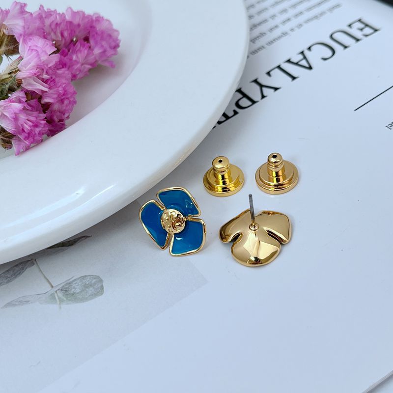 Enamel Camellia stud earrings, blue camellia pair with gold-tone posts