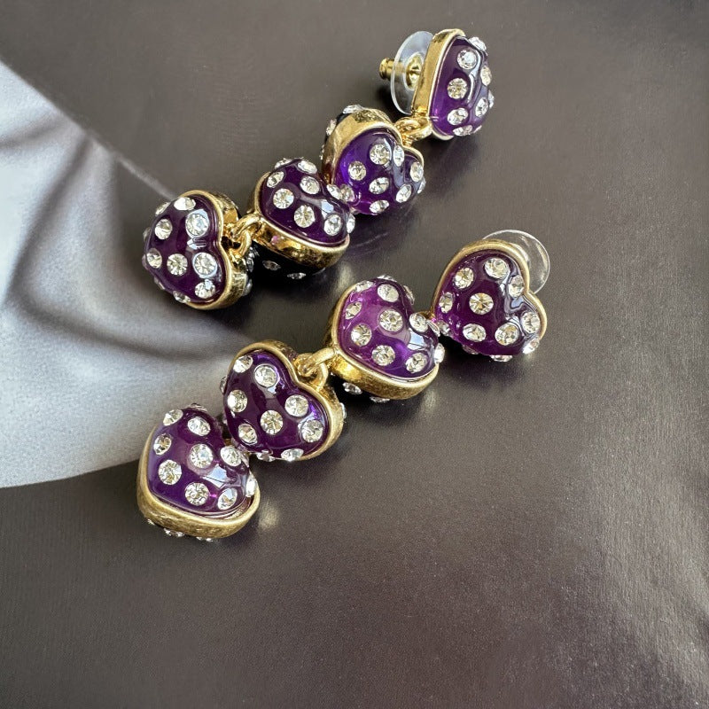 Sweet Vintage Heart Drop Earrings, lila Strass-Herzen mit goldfarbenem Rand