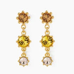 Round crystal drop earrings with amber top, yellow middle, and clear bottom stones