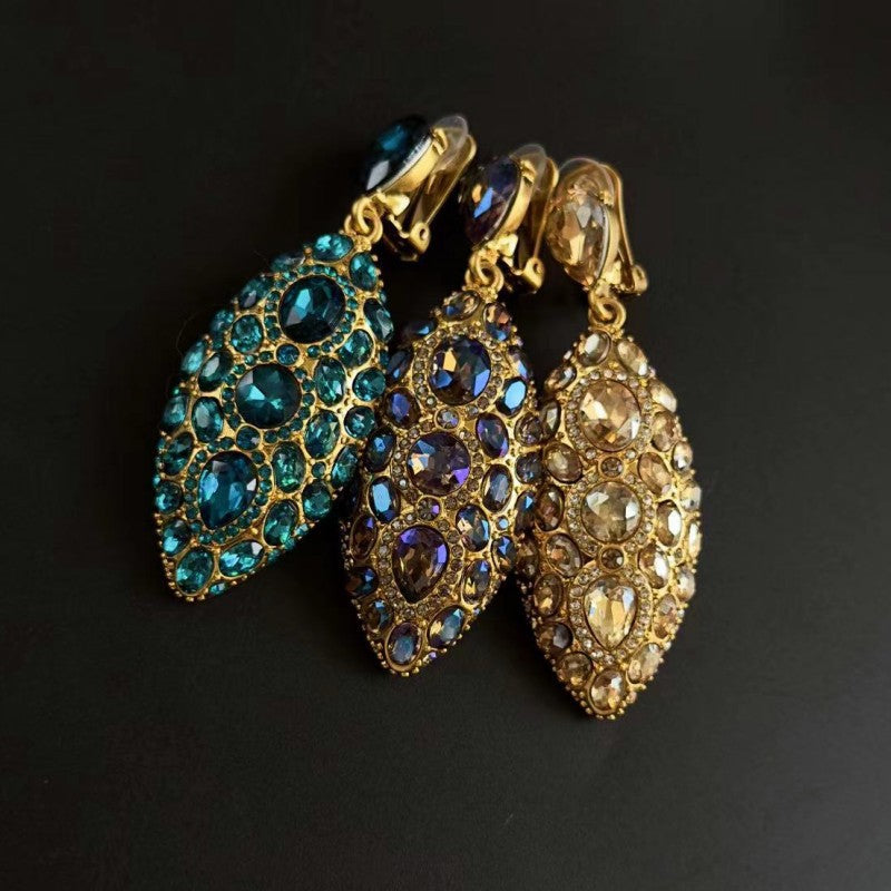 Clip-on teardrop diamond earrings, Blue crystal cluster and oval-cut teardrops