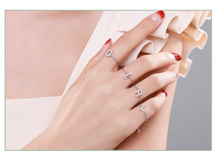 S925 sterling silver adjustable initial ring with full-pavé letter charm and chain band