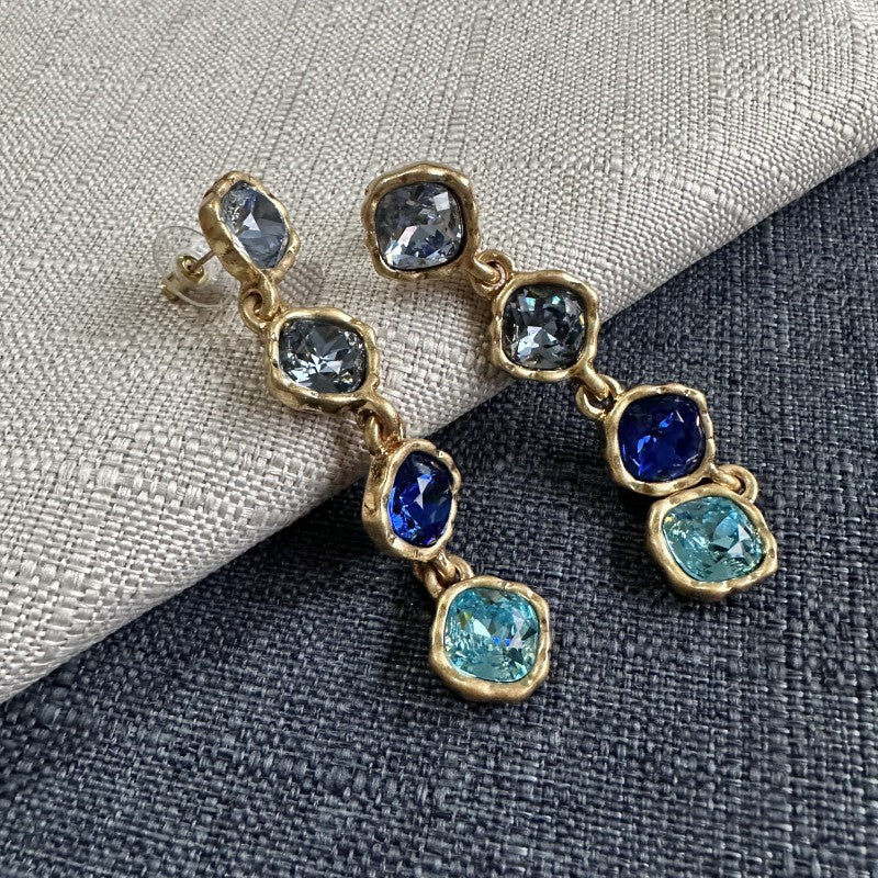 Full-crystal square drop earrings with blue and teal stones in gold-tone frames