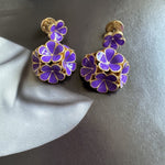 Enamel hydrangea earrings, purple enamel flowers with gold-tone settings